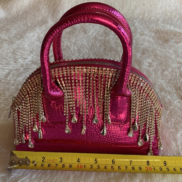 NWOT Adorably Chic Hot Pink Faux Croco Leather with dangling Rhinestones Bag - Picture 8 of 16